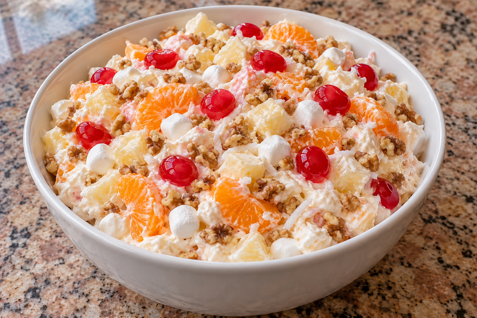 Ambrosia salad topped with maraschino cherries and chopped walnuts in a white serving bowl.